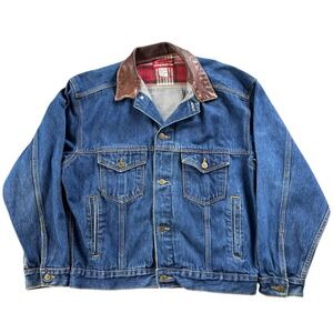 Vintage Marlboro Country Store Denim Trucker Jacket Mens M Leather Collar 90s